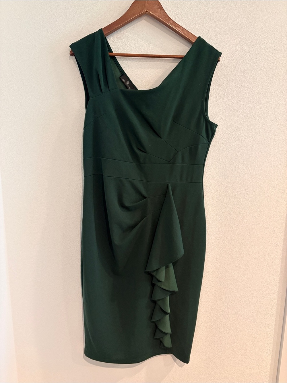 Sleeveless Midi Sheath Dress in Deep Green with Cascading Ruffle